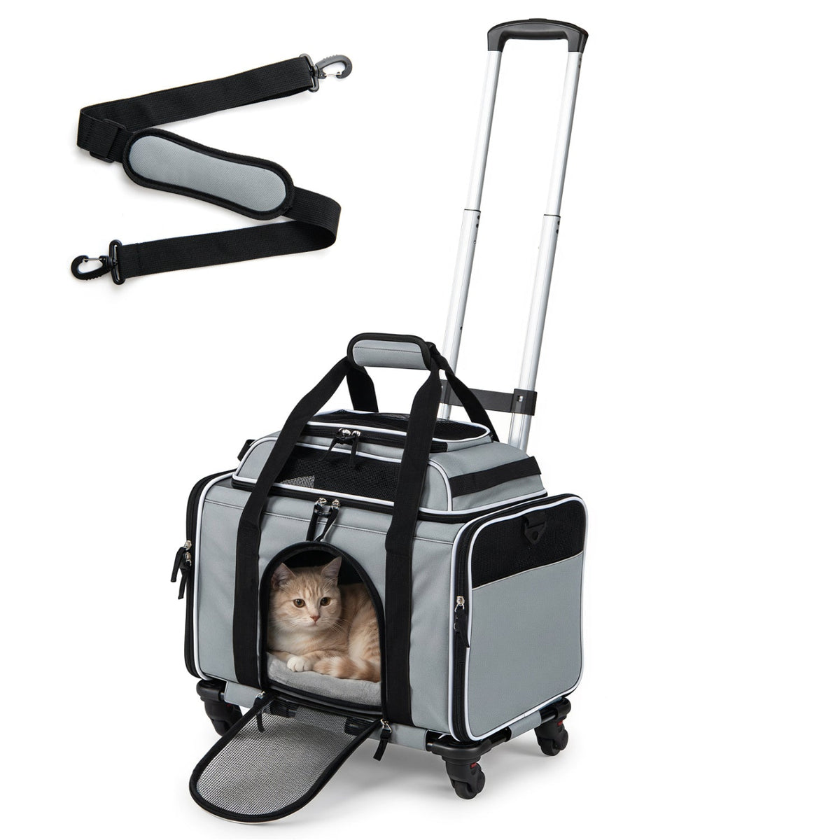 Foldable Pet Carrier with Wheels Airline Approved Rolling Cat and Dog Carrier-Grey