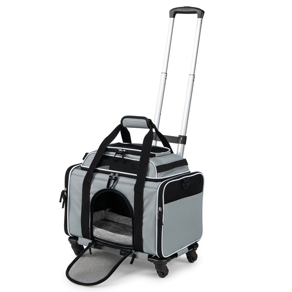 Foldable Pet Carrier with Wheels Airline Approved Rolling Cat and Dog Carrier-Grey