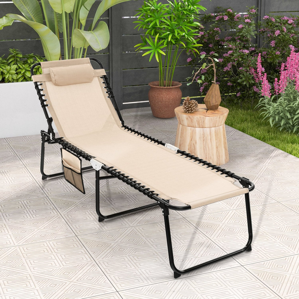 Foldable Recline Lounge Chair with Detachable Headrest and Pocket, Beige