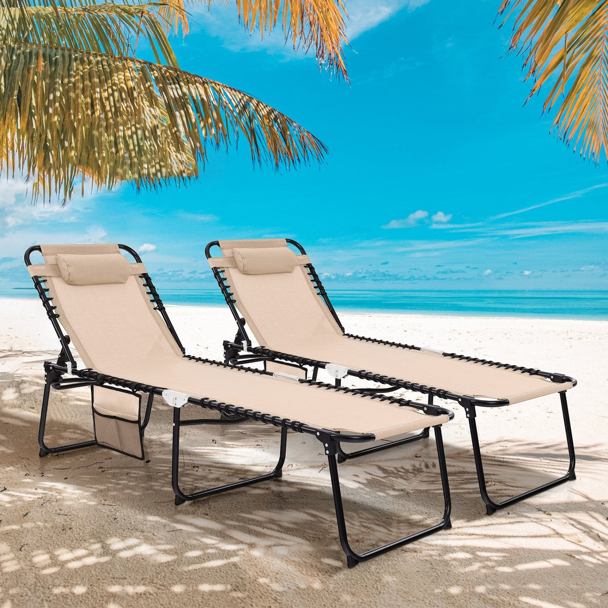 Foldable Recline Lounge Chair with Detachable Headrest and Pocket, Beige