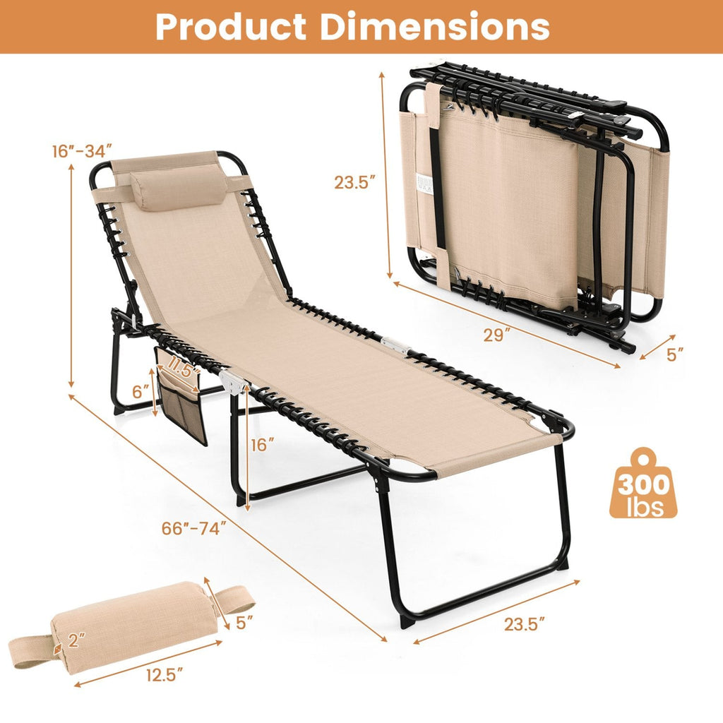 Foldable Recline Lounge Chair with Detachable Headrest and Pocket, Beige