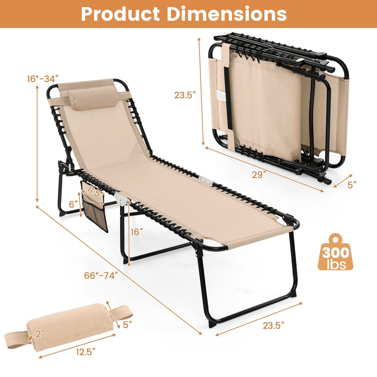 Foldable Recline Lounge Chair with Detachable Headrest and Pocket, Beige