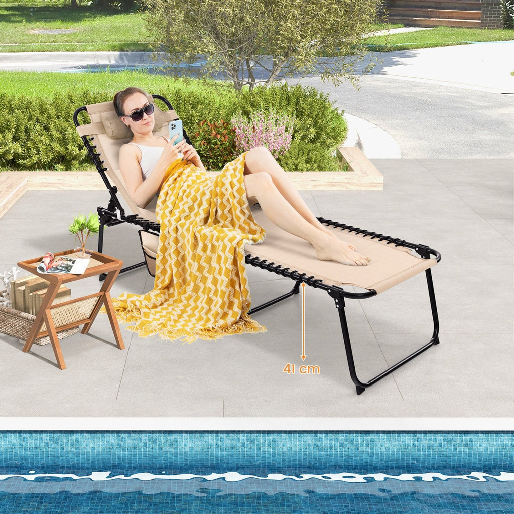 Foldable Recline Lounge Chair with Detachable Headrest and Pocket, Beige