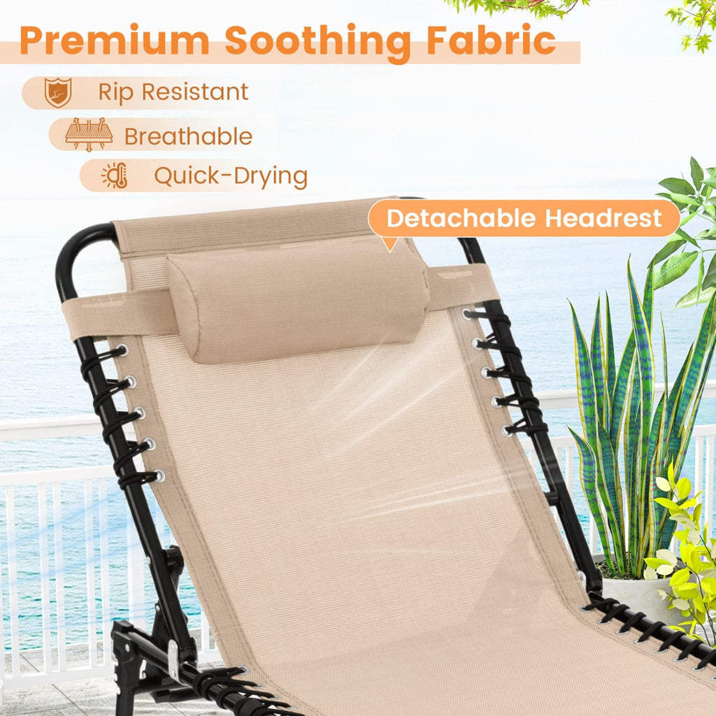 Foldable Recline Lounge Chair with Detachable Headrest and Pocket, Beige