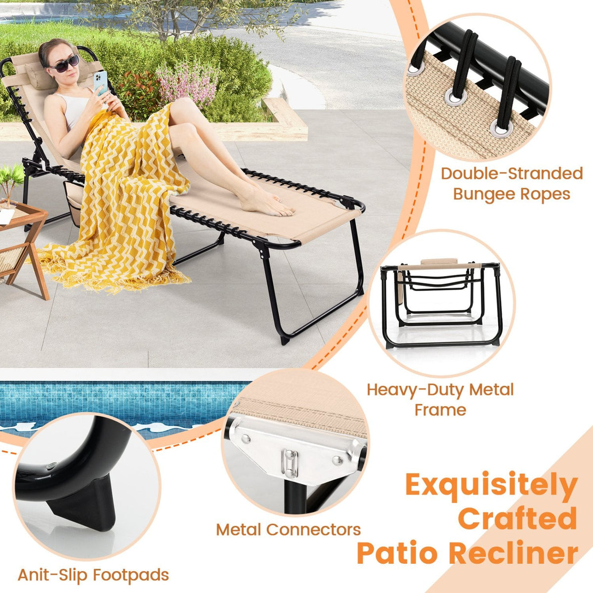 Foldable Recline Lounge Chair with Detachable Headrest and Pocket, Beige