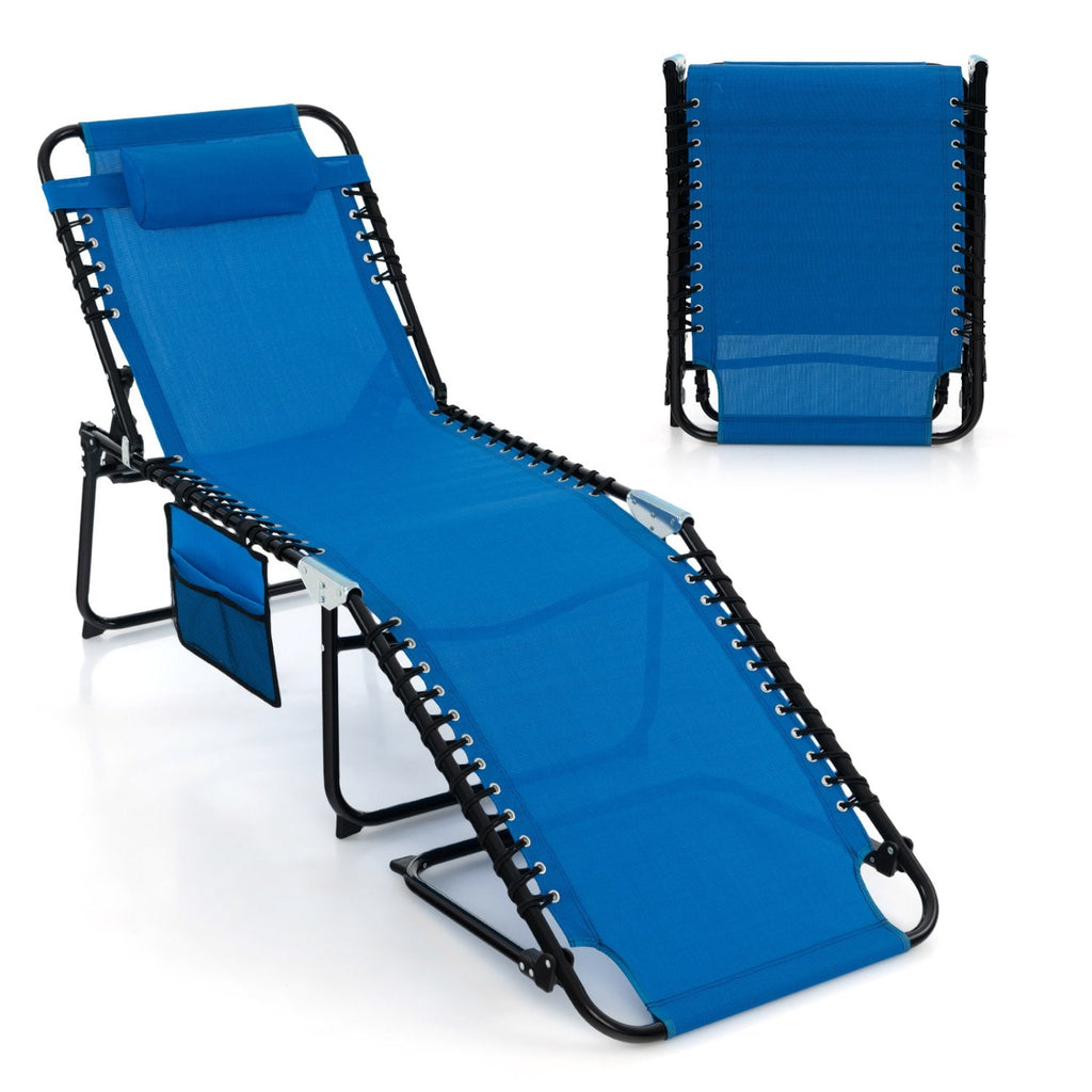 Foldable Recline Lounge Chair with Side Pocket and Detachable Headrest, Blue