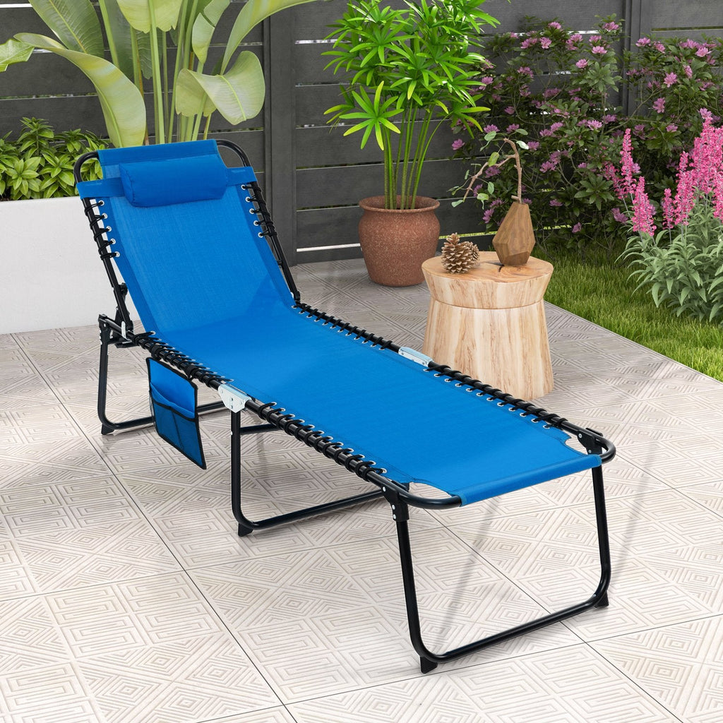 Foldable Recline Lounge Chair with Side Pocket and Detachable Headrest, Blue