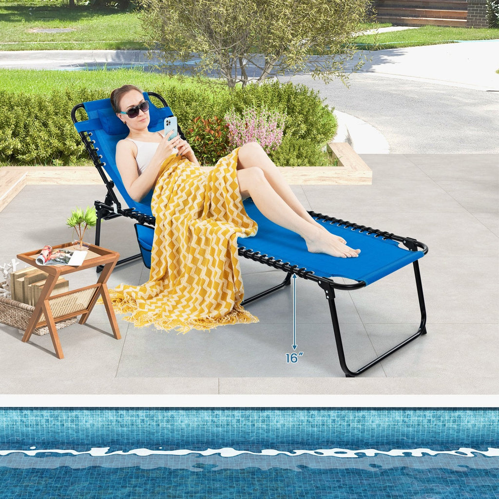 Foldable Recline Lounge Chair with Side Pocket and Detachable Headrest, Blue
