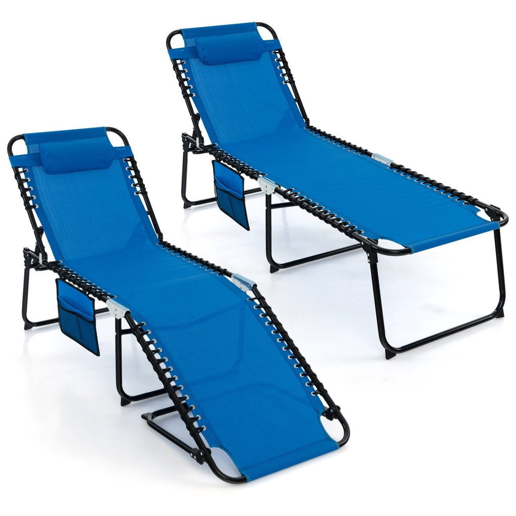 Foldable Recline Lounge Chair with Side Pocket and Detachable Headrest, Blue