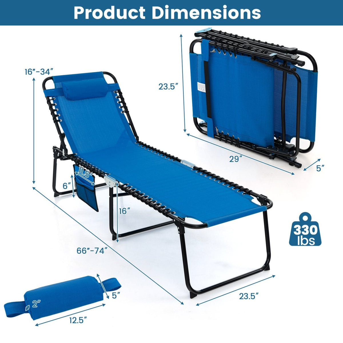 Foldable Recline Lounge Chair with Side Pocket and Detachable Headrest, Blue