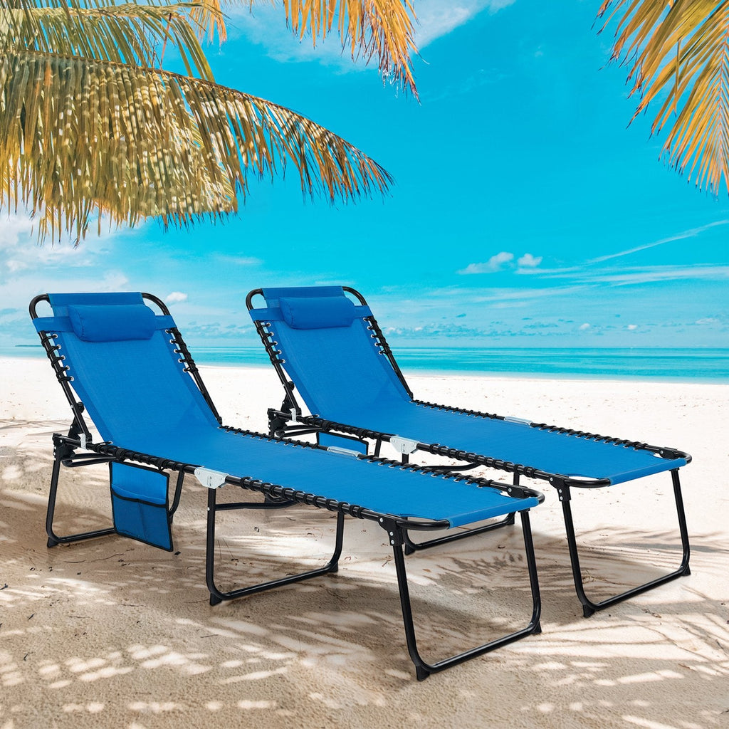 Foldable Recline Lounge Chair with Side Pocket and Detachable Headrest, Blue