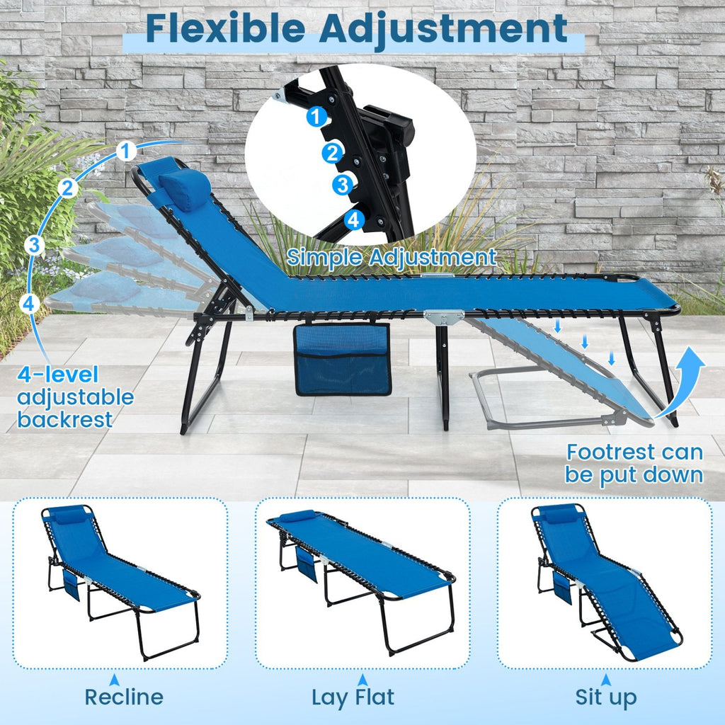 Foldable Recline Lounge Chair with Side Pocket and Detachable Headrest, Blue