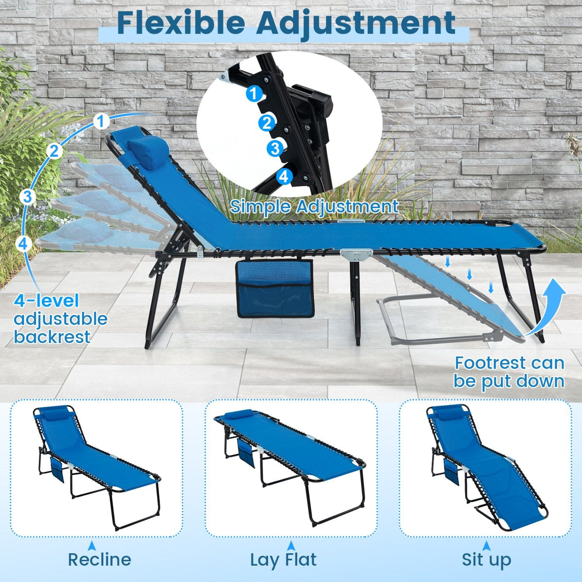 Foldable Recline Lounge Chair with Side Pocket and Detachable Headrest, Blue