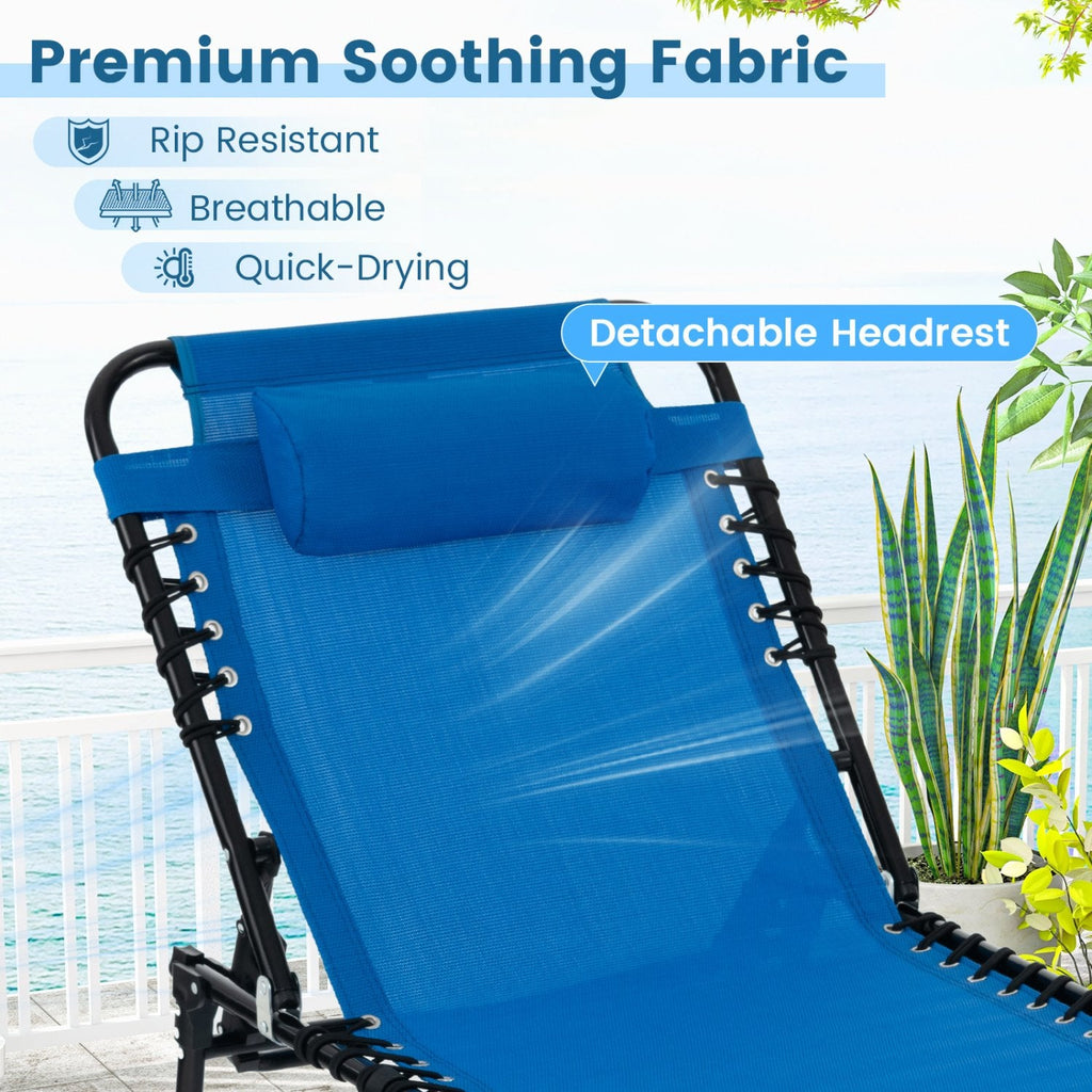 Foldable Recline Lounge Chair with Side Pocket and Detachable Headrest, Blue