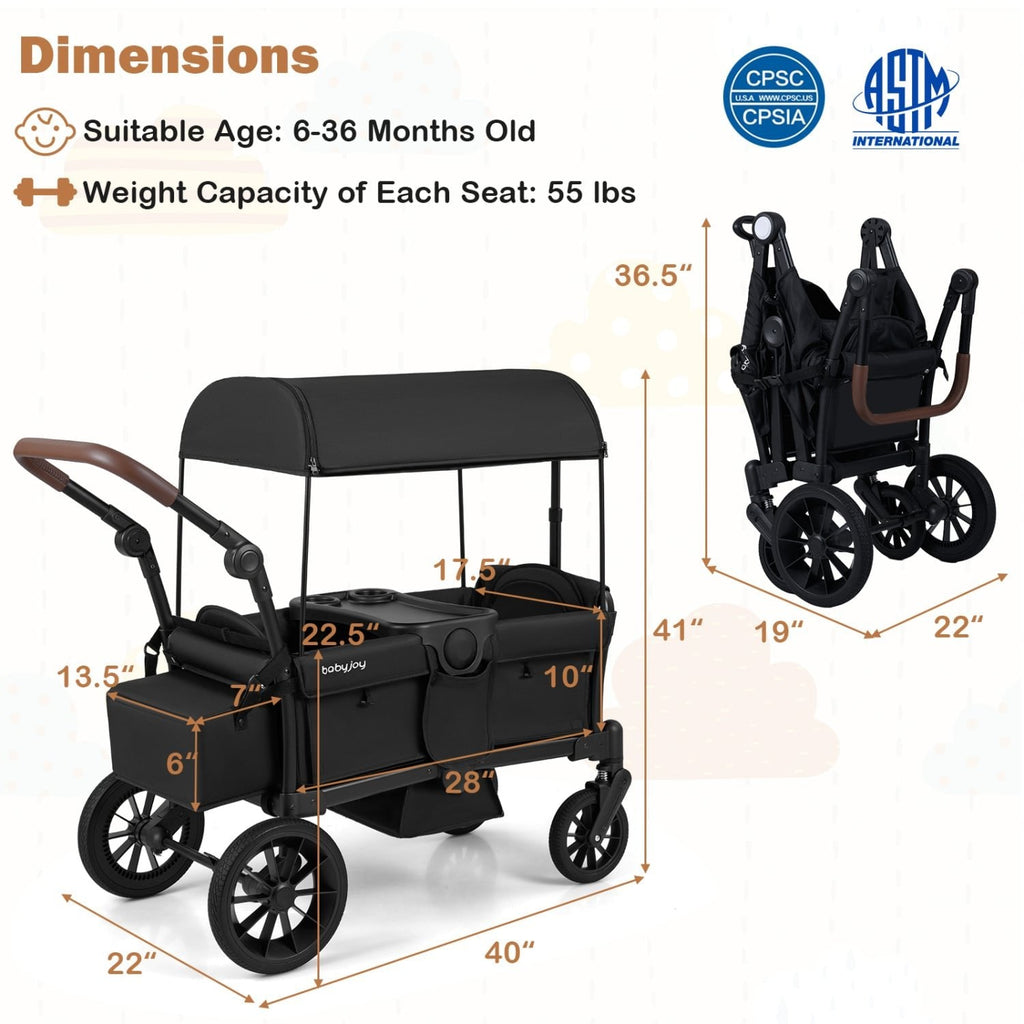 Foldable Wagon Stroller for 2 Kids Double Seater Toddler Stroller with Removable Canopy-Black