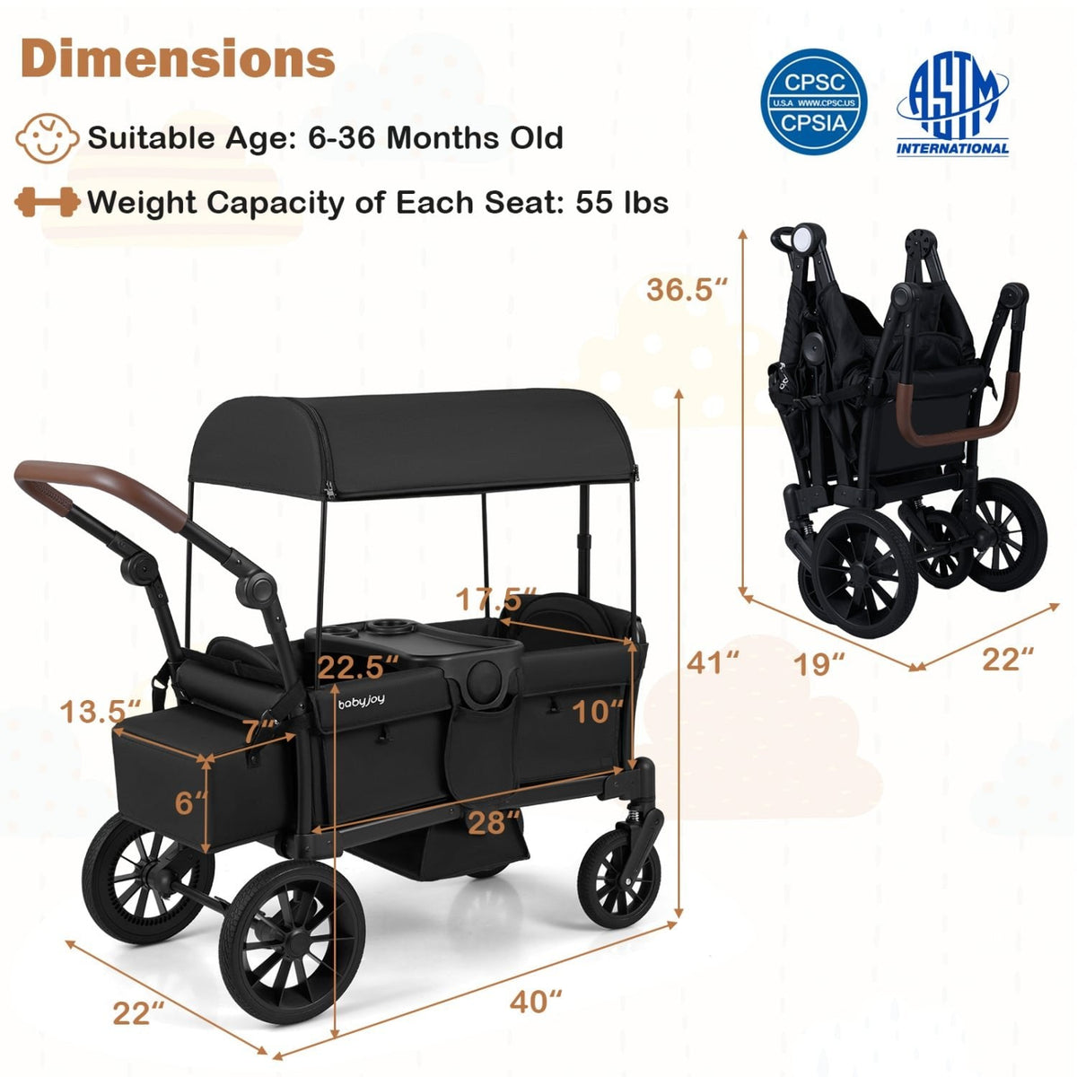 Foldable Wagon Stroller for 2 Kids Double Seater Toddler Stroller with Removable Canopy-Black