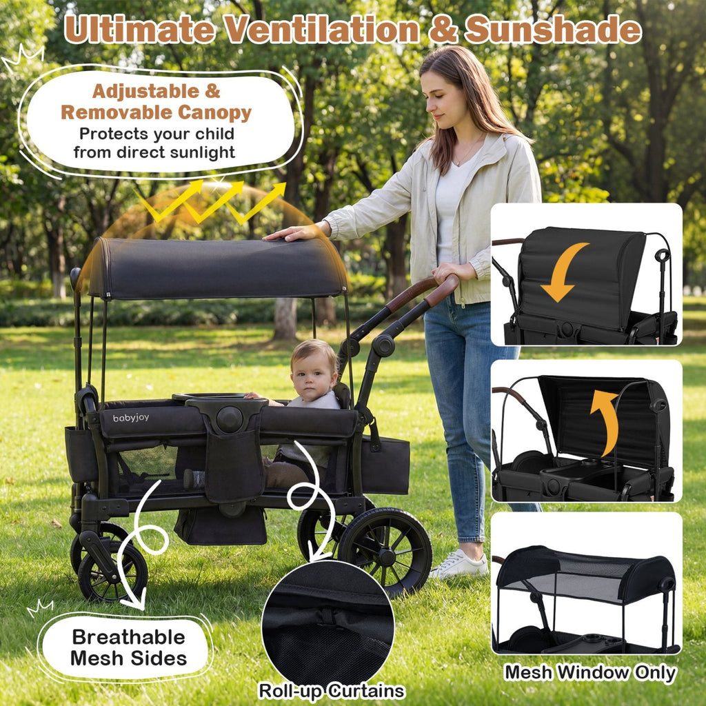 Foldable Wagon Stroller for 2 Kids Double Seater Toddler Stroller with Removable Canopy-Black