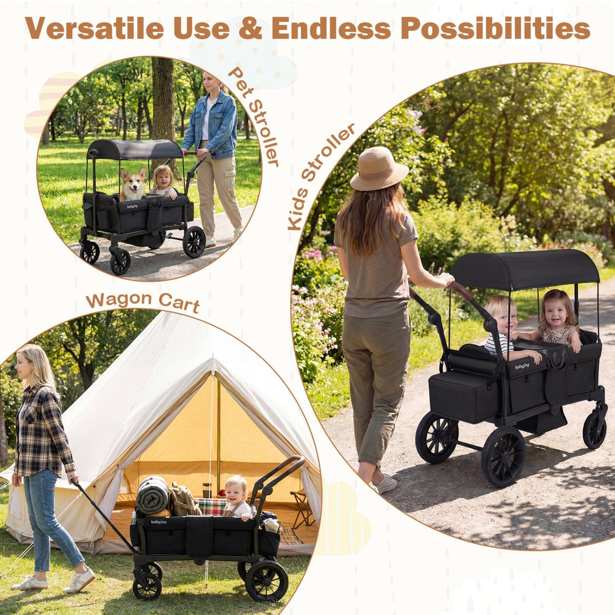 Foldable Wagon Stroller for 2 Kids Double Seater Toddler Stroller with Removable Canopy-Black
