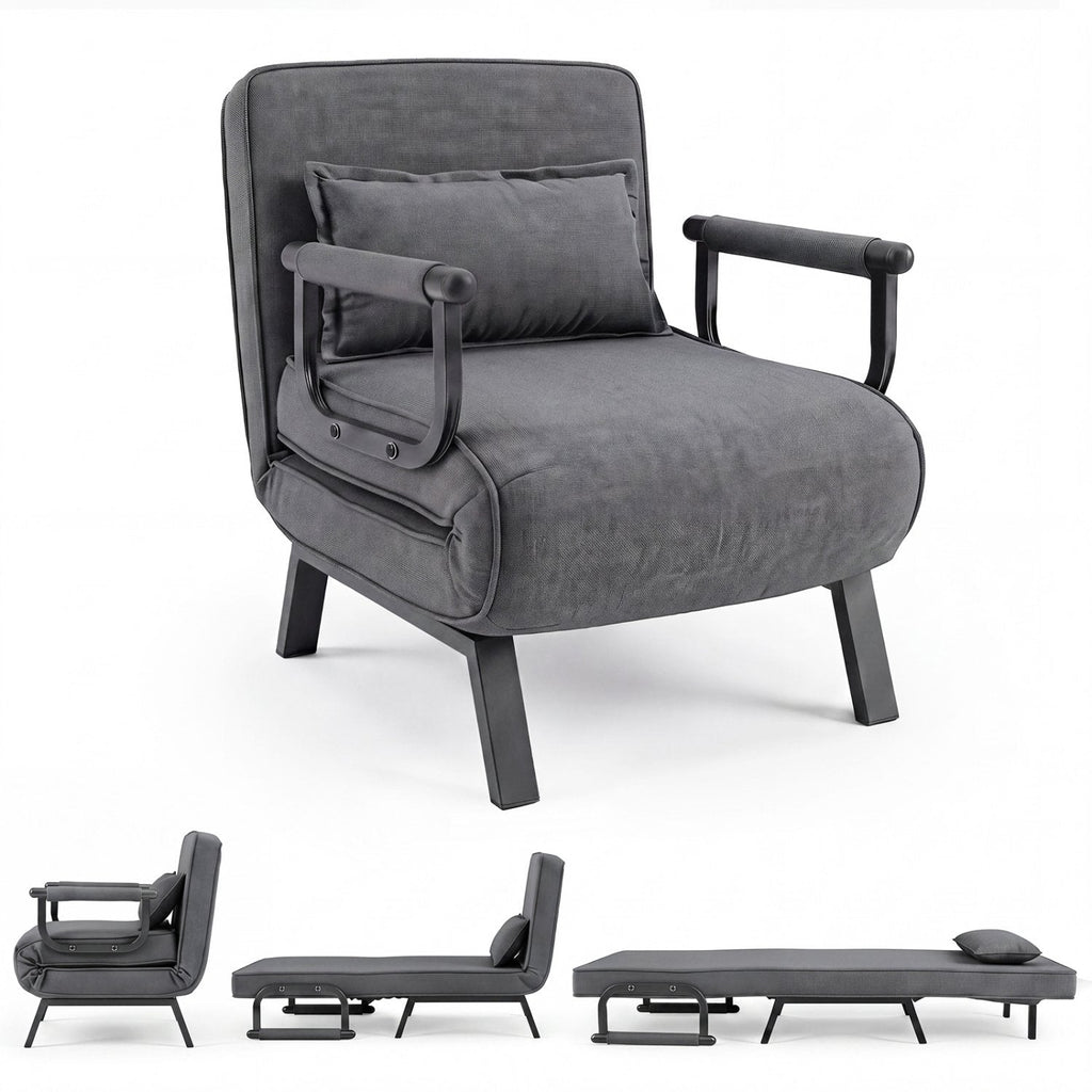 Folding 6 Position Convertible Sleeper Bed Armchair Lounge Couch with Pillow-Gray
