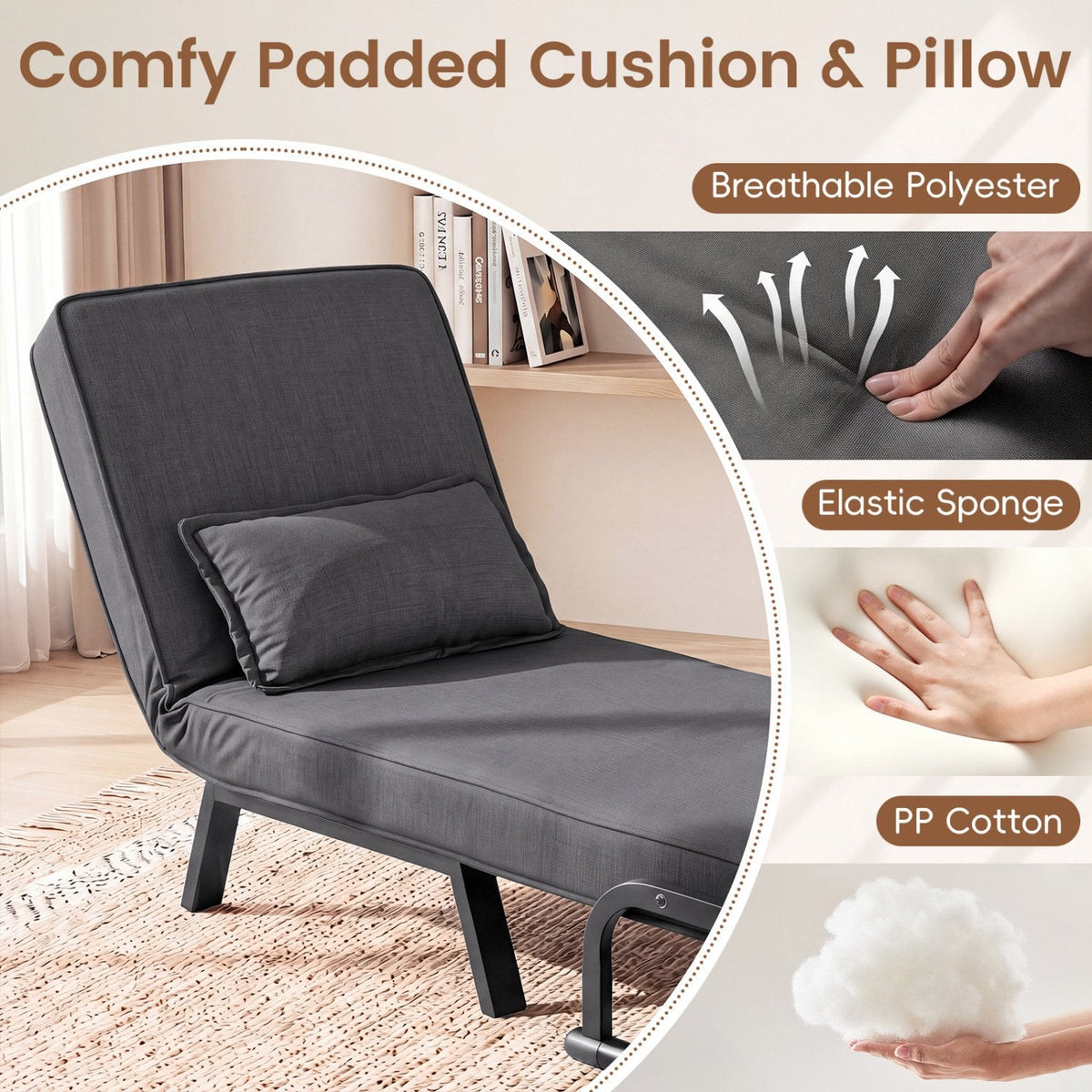 Folding 6 Position Convertible Sleeper Bed Armchair Lounge Couch with Pillow-Gray