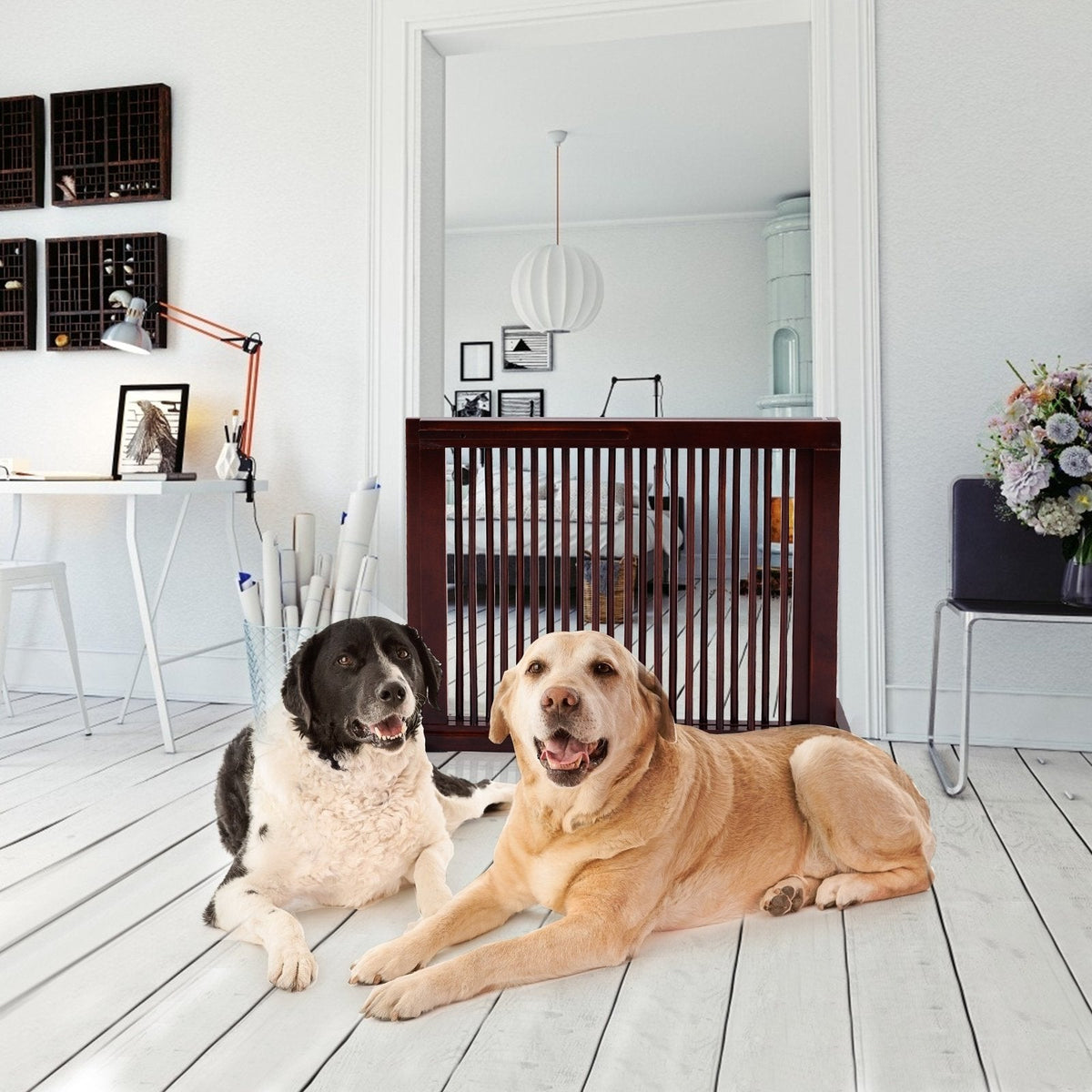 Folding Adjustable Free Standing 3 Panel Wood Fence-Brown