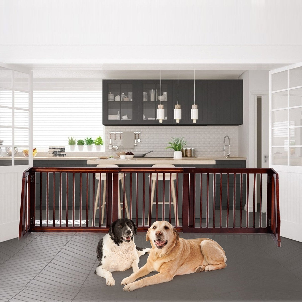 Folding Adjustable Free Standing 3 Panel Wood Fence-Brown