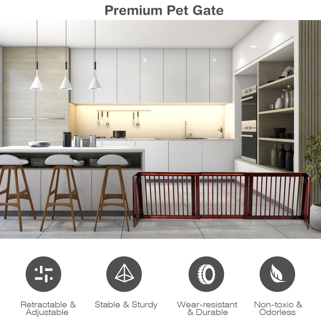 Folding Adjustable Free Standing 3 Panel Wood Fence-Brown