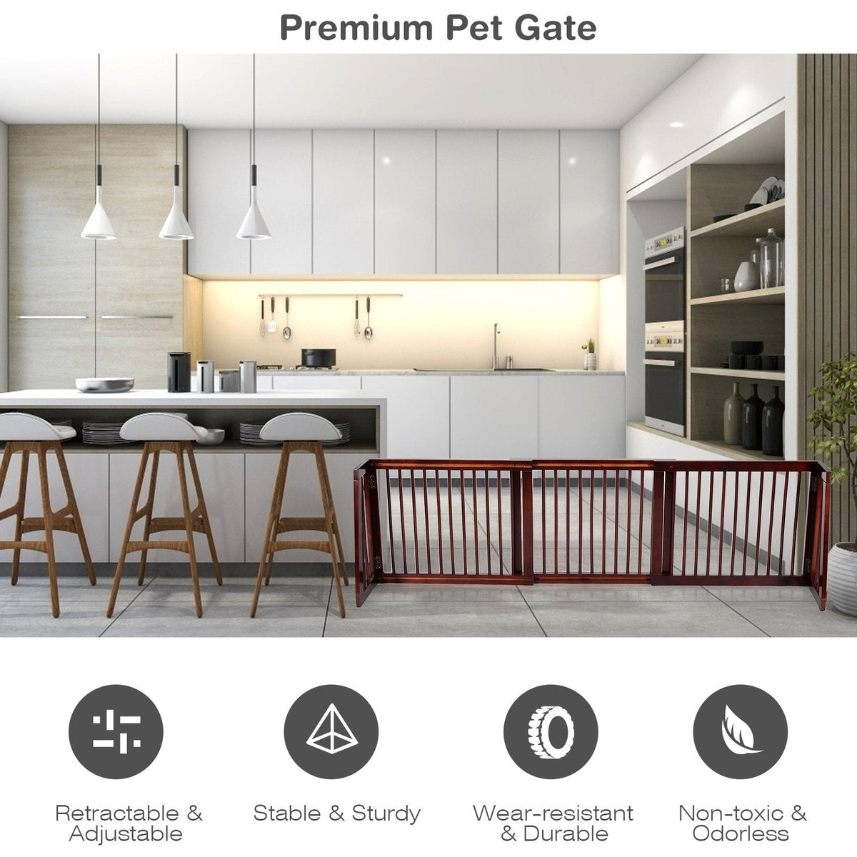 Folding Adjustable Free Standing 3 Panel Wood Fence-Brown