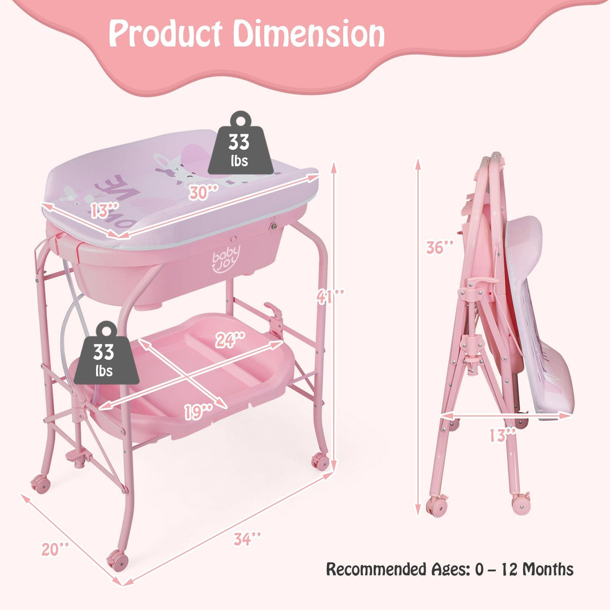 Folding Baby Changing Table with Bathtub and 4 Universal Wheels-Pink