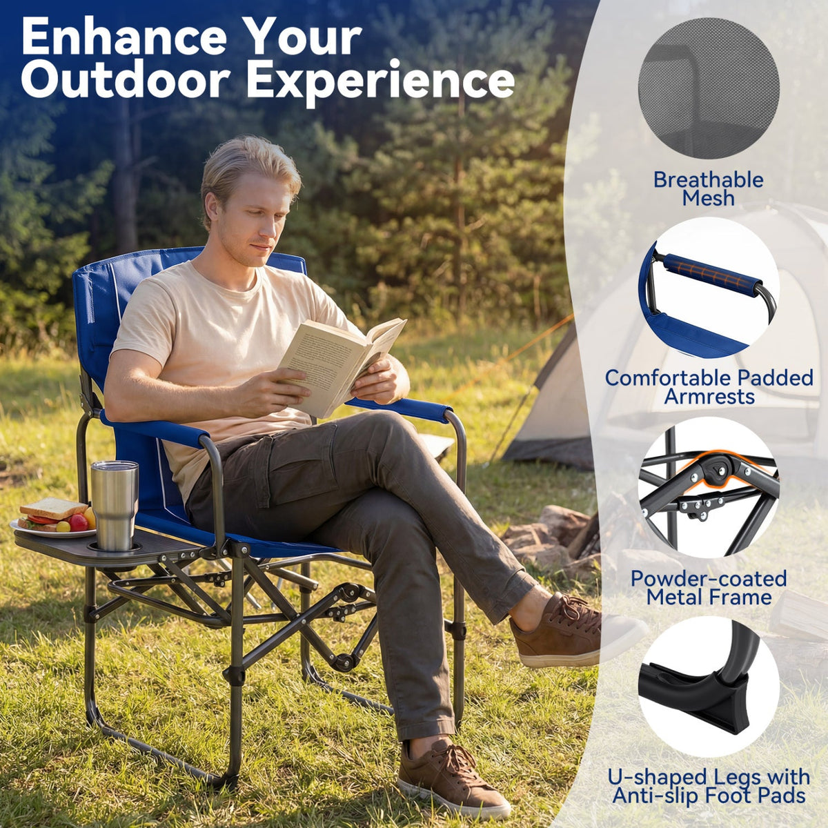 Folding Camping Chair with Side Table and Cup Holder with Carrying Bag-Navy
