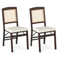 Set of 2 Folding Dining Chairs, Espresso Rubber Wood with Rattan Back and Cream Linen Seat