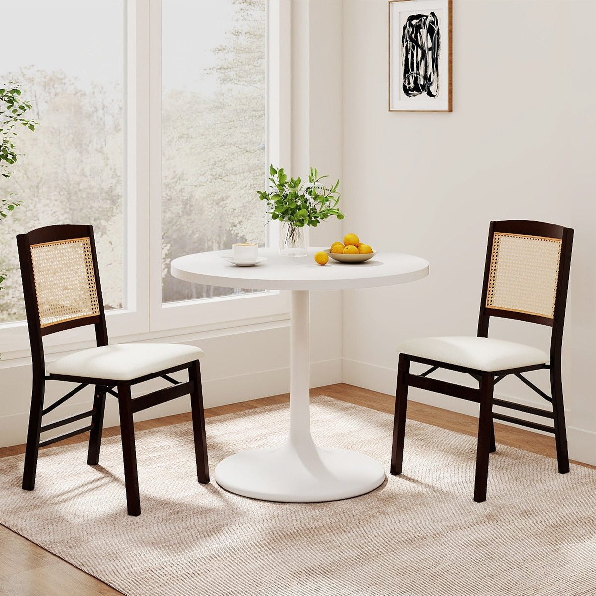 Set of 2 Folding Dining Chairs, Espresso Rubber Wood with Rattan Back and Cream Linen Seat