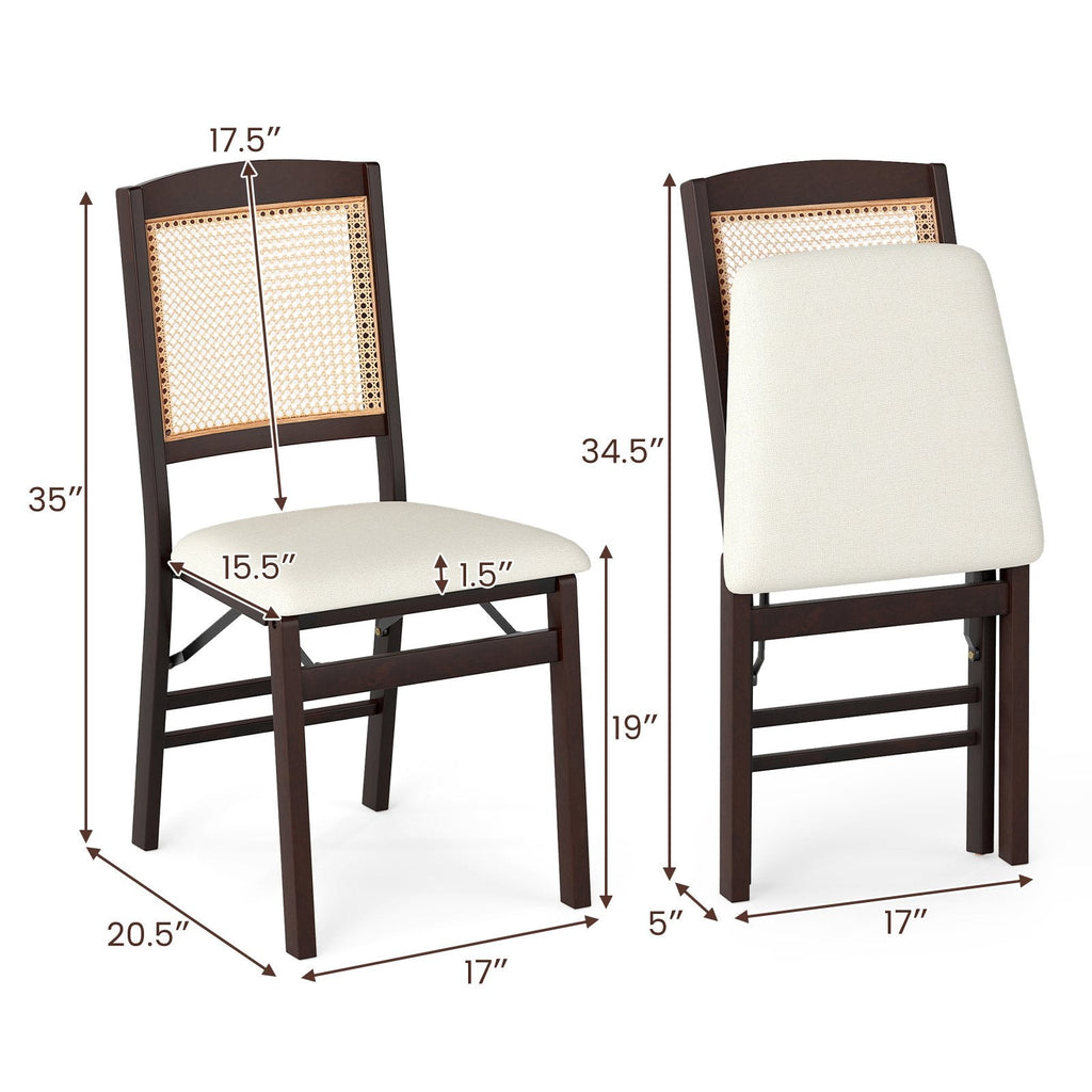 Set of 2 Folding Dining Chairs, Espresso Rubber Wood with Rattan Back and Cream Linen Seat