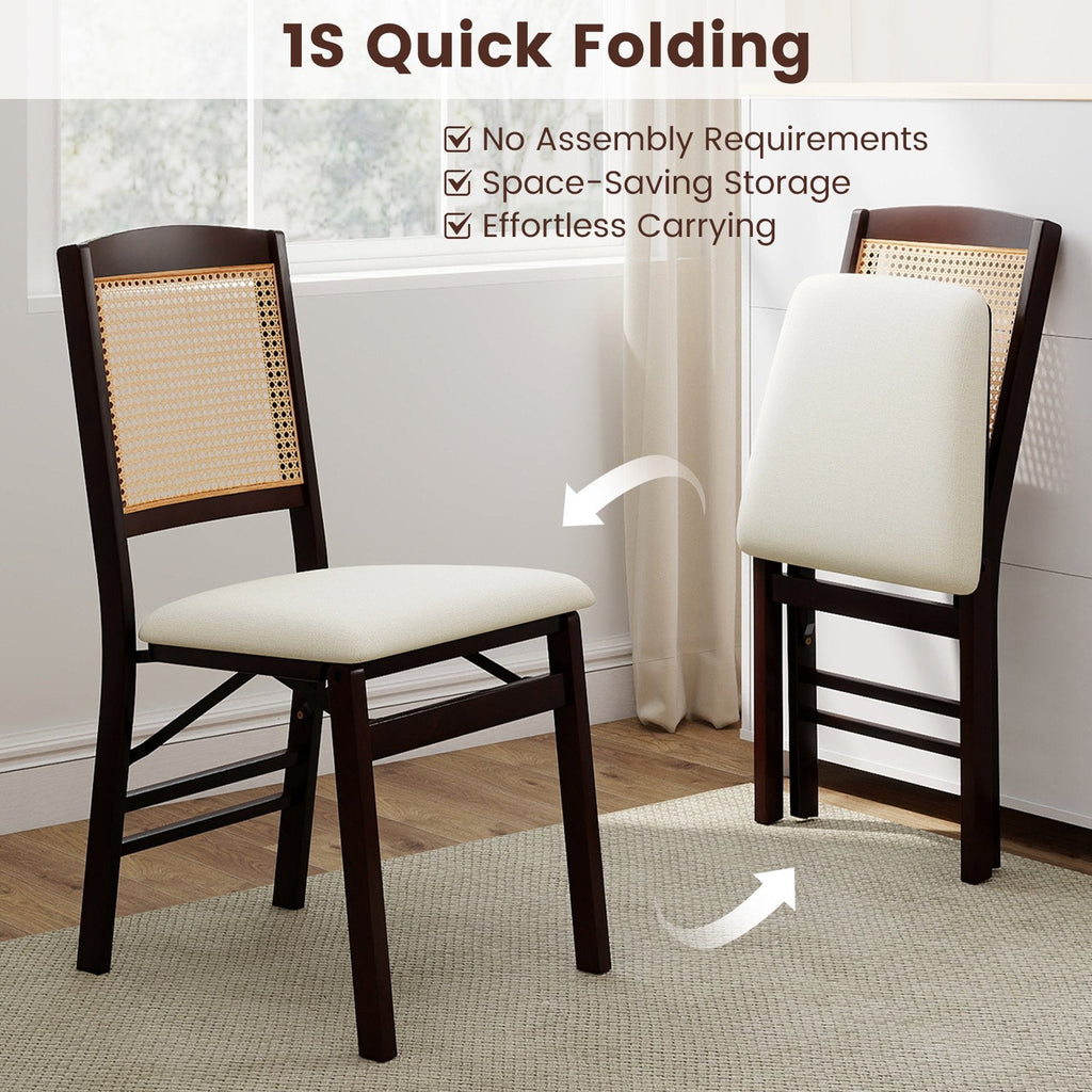 Set of 2 Folding Dining Chairs, Espresso Rubber Wood with Rattan Back and Cream Linen Seat