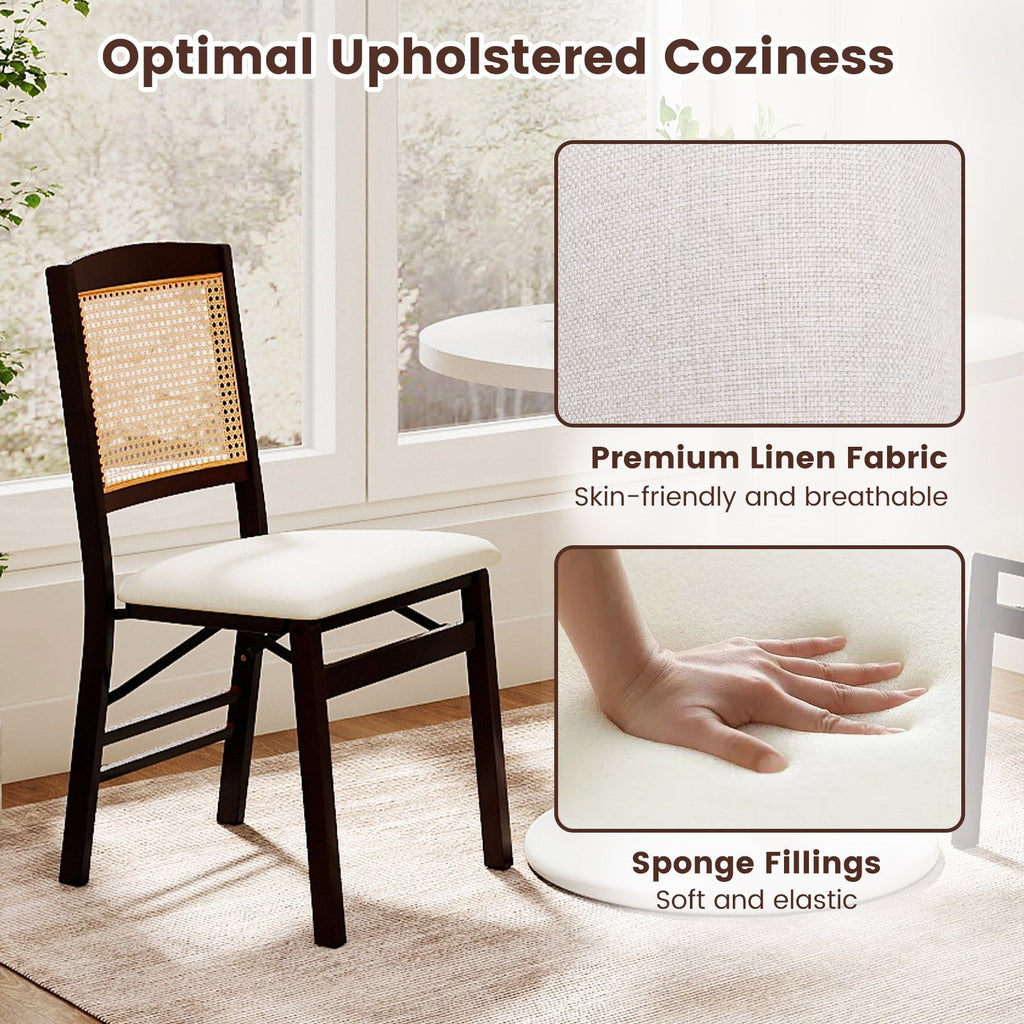 Set of 2 Folding Dining Chairs, Espresso Rubber Wood with Rattan Back and Cream Linen Seat