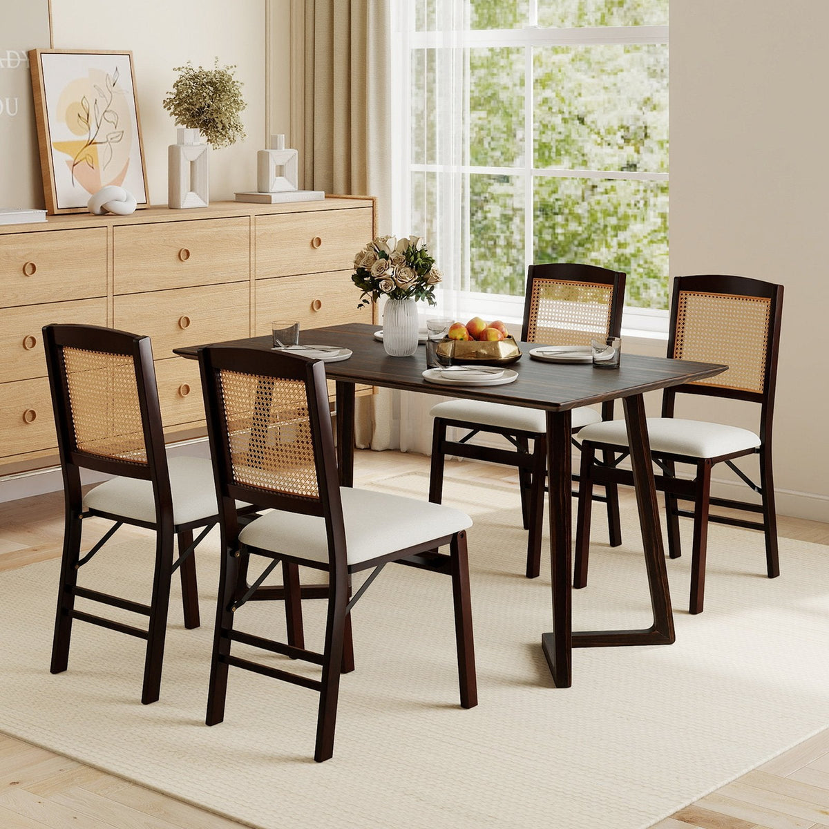 Set of 4 Folding Dining Chairs, Espresso Rubber Wood with Rattan Backs and Cream Linen Seats
