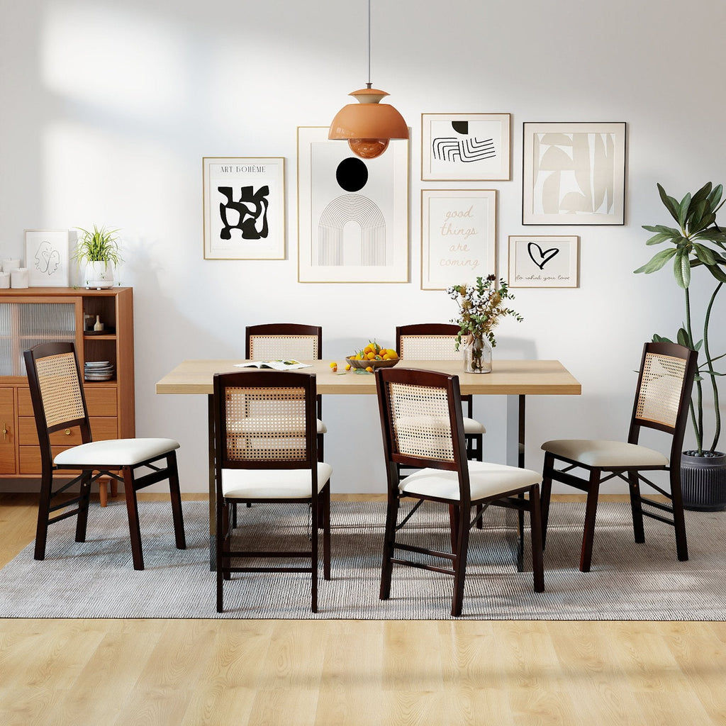 Set of 4 Folding Dining Chairs, Espresso Rubber Wood with Rattan Backs and Cream Linen Seats
