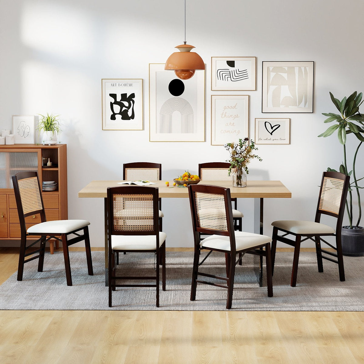Set of 4 Folding Dining Chairs, Espresso Rubber Wood with Rattan Backs and Cream Linen Seats