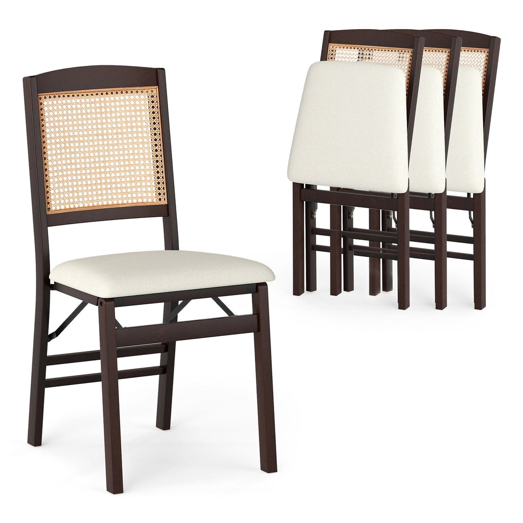 Set of 4 Folding Dining Chairs, Espresso Rubber Wood with Rattan Backs and Cream Linen Seats