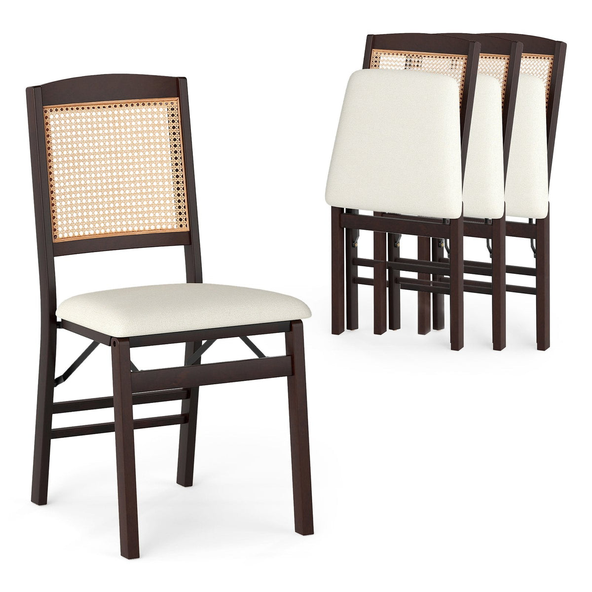 Set of 4 Folding Dining Chairs, Espresso Rubber Wood with Rattan Backs and Cream Linen Seats