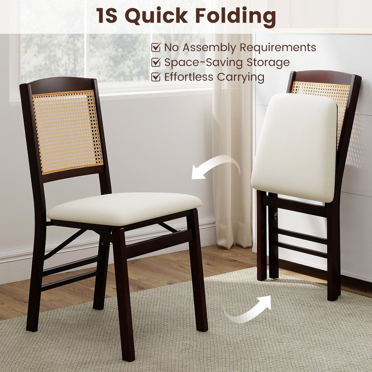 Set of 4 Folding Dining Chairs, Espresso Rubber Wood with Rattan Backs and Cream Linen Seats