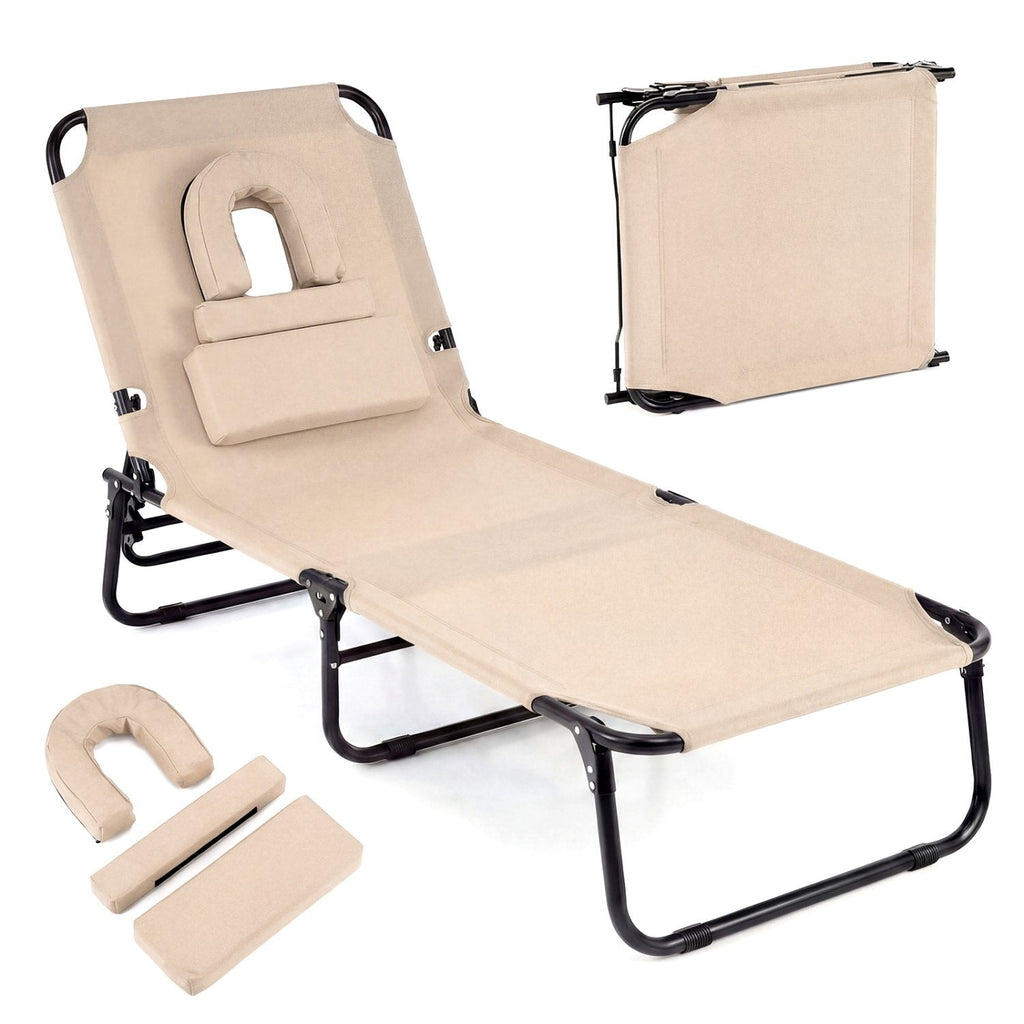 Folding Face Down Tanning Chair with Face Hole and 3 Removable Pillows, Beige