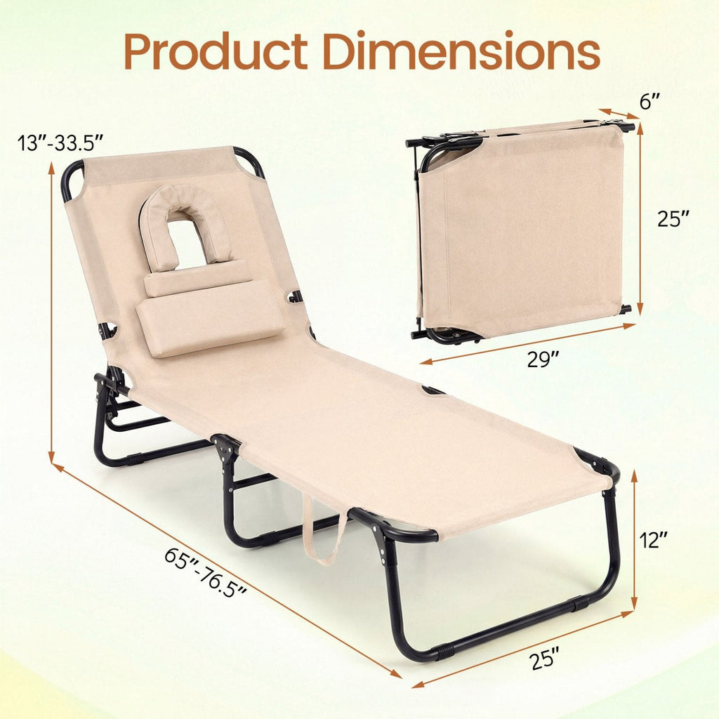 Folding Face Down Tanning Chair with Face Hole and 3 Removable Pillows, Beige