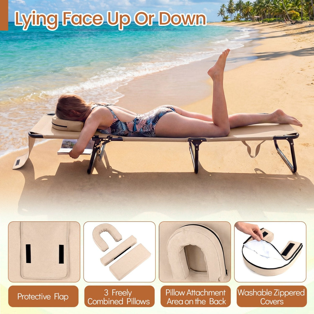 Folding Face Down Tanning Chair with Face Hole and 3 Removable Pillows, Beige