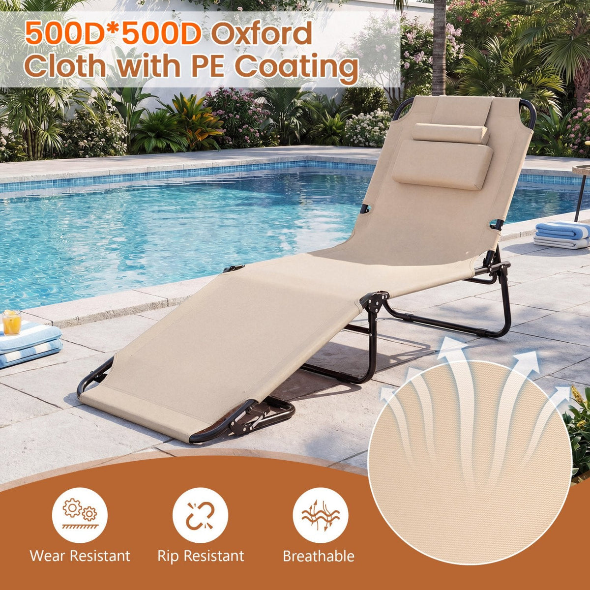 Folding Face Down Tanning Chair with Face Hole and 3 Removable Pillows, Beige