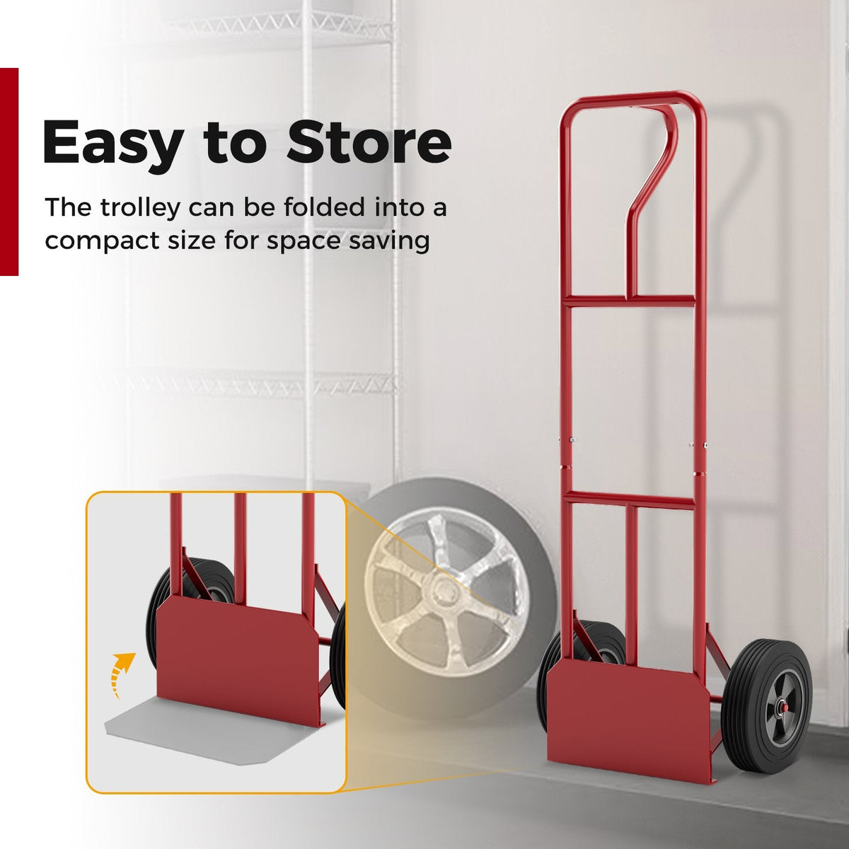 P-Handle Hand Truck with Foldable Load Plate for Warehouse Garage-Red