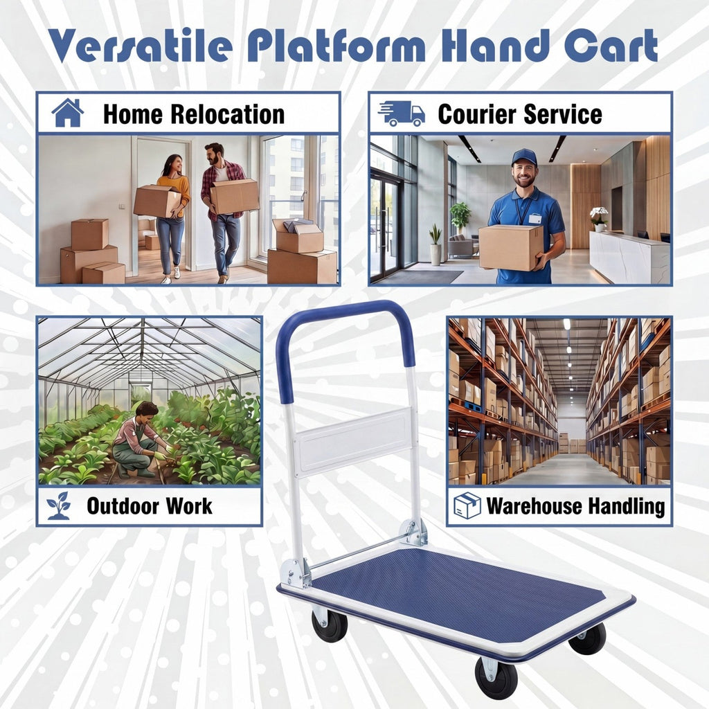 Folding Platform Hand Truck with 4 Wheels & Collapsible Bed for Moving Warehouse-Blue