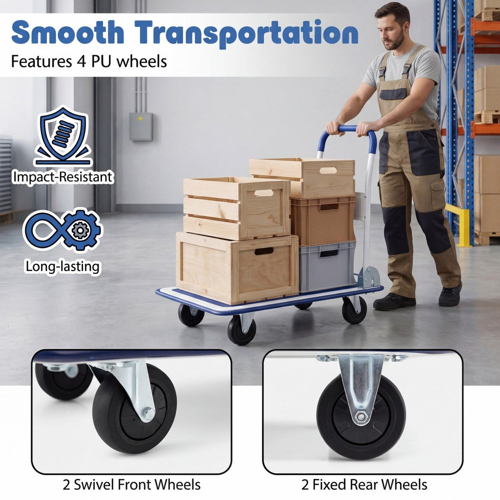 Folding Platform Hand Truck with Collapsible Bed & 4 Wheels for Moving Warehouse-Blue