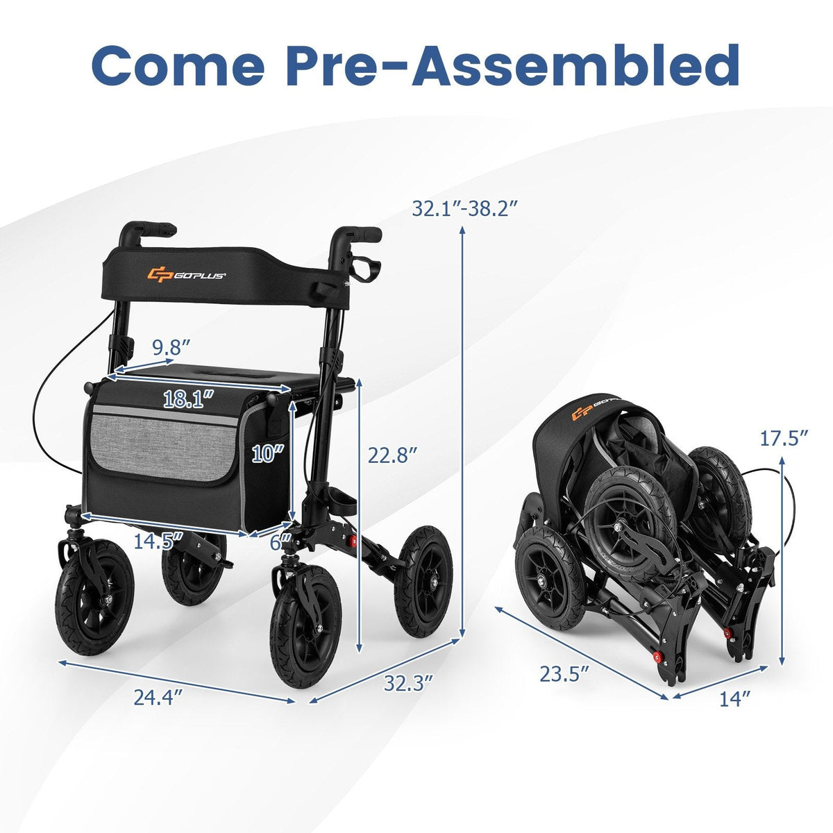 Folding Rollator Walker for Seniors with Seat for All Terrain-Black