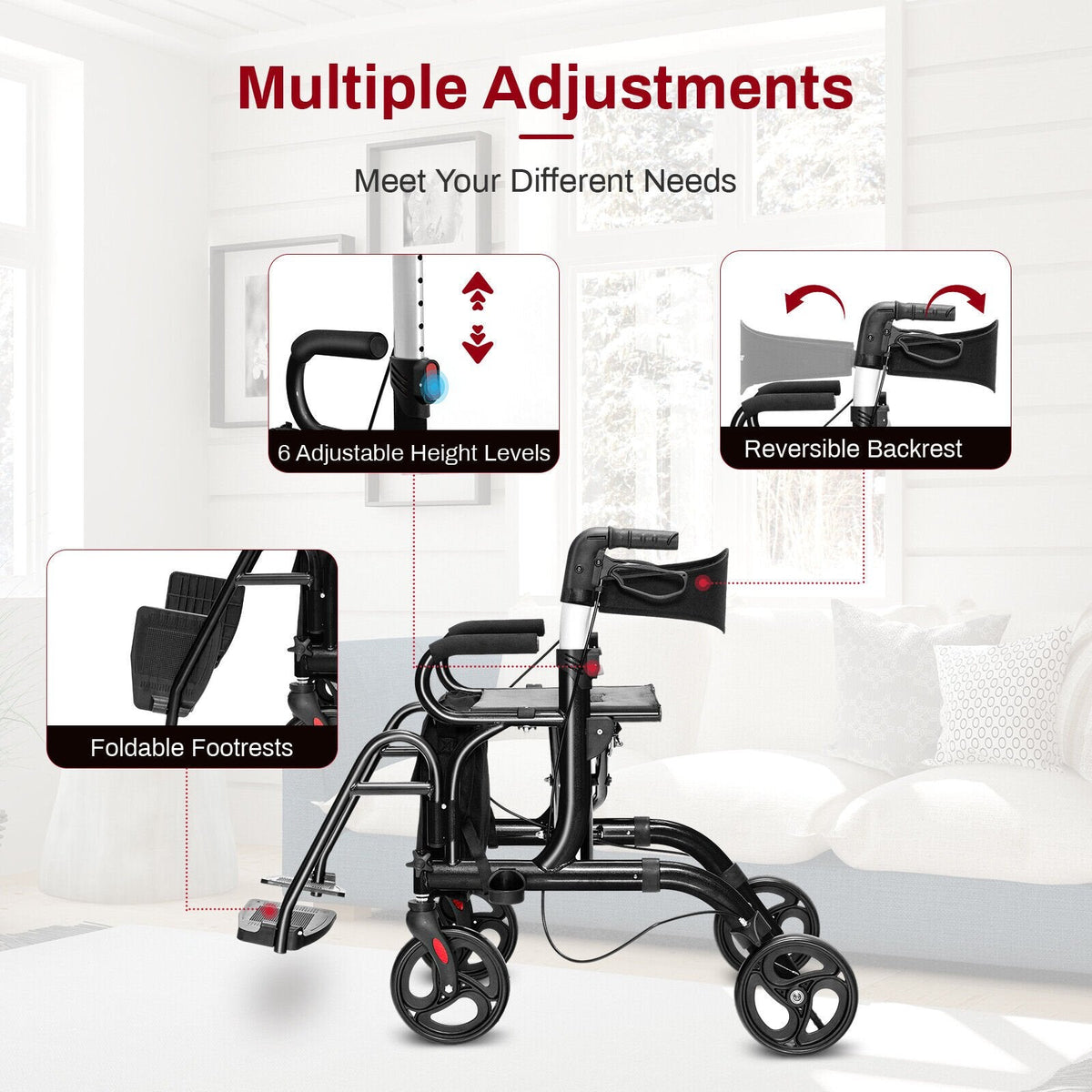 Folding Rollator Walker with 8-inch Wheels and Seat-Black